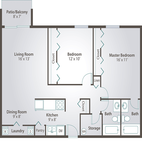 Floor plan for 2 beds, 2 baths, 1047 sqft